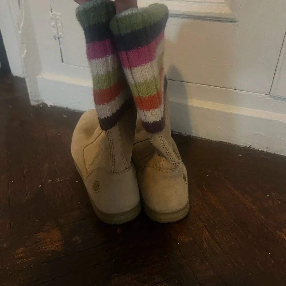 Coach Tan Suede Boots with Multicolor Stripes - Picture 2 of 3